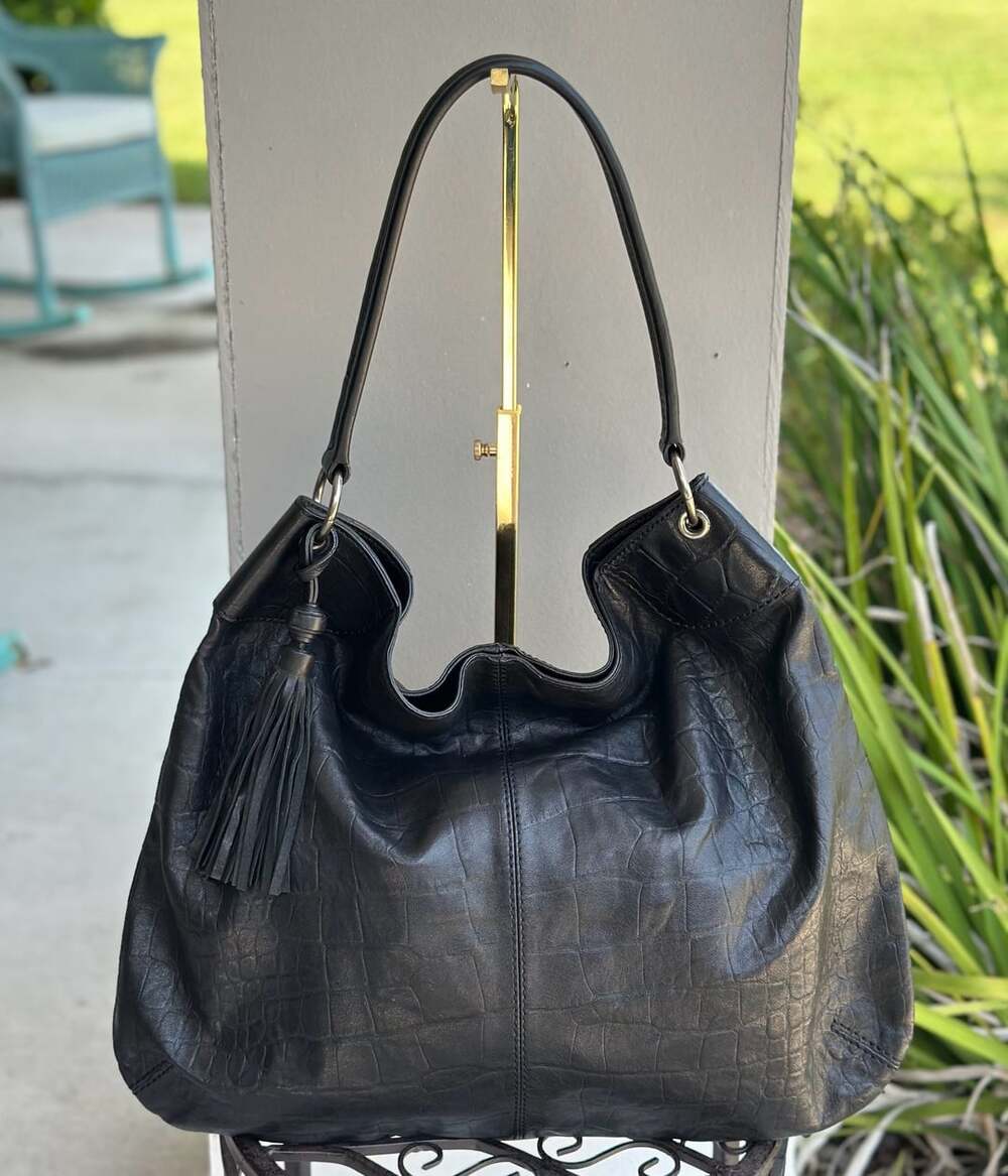 Banana Republic Black Croc Embossed Leather Hobo Shoulder Bag Purse with Tassel